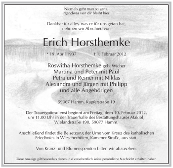 Traueranzeige von Erich Horsthemke von WESTFÄLISCHER ANZEIGER
