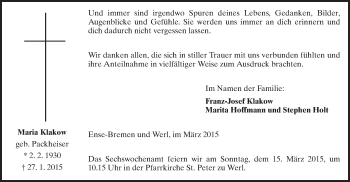 Traueranzeige von Maria Klakow von MZV