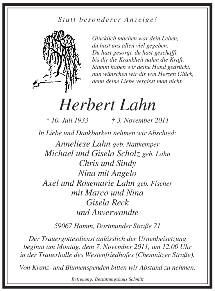  Traueranzeige für Herbert Lahn vom 05.11.2011 aus WESTFÄLISCHER ANZEIGER