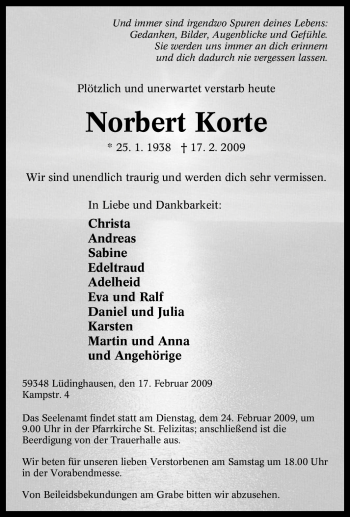 Traueranzeige von Norbert Korte von WESTFÄLISCHER ANZEIGER