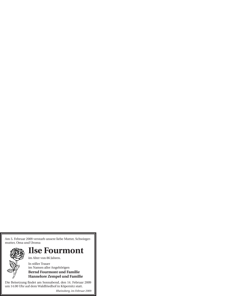 Traueranzeige für Ilse Fourmont vom 10.02.2009 aus WESTFÄLISCHER ANZEIGER