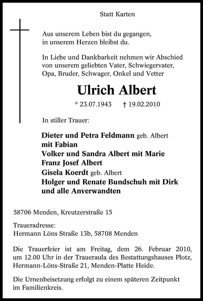  Traueranzeige für Ulrich Albert vom 23.02.2010 aus WESTFÄLISCHER ANZEIGER