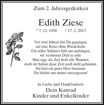 Traueranzeige von Edith Ziese von MZV