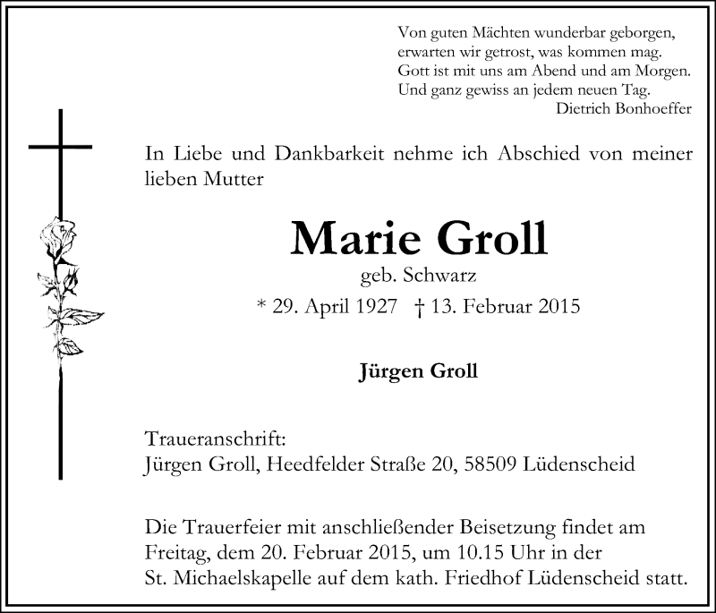  Traueranzeige für Marie Groll vom 14.02.2015 aus MZV