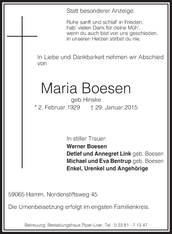 Traueranzeige von Maria Boesen von MZV