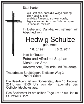 Traueranzeige von Hedwig Schulze von WESTFÄLISCHER ANZEIGER