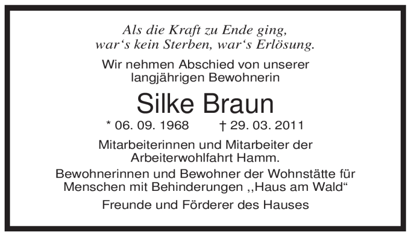  Traueranzeige für Silke Braun vom 02.04.2011 aus WESTFÄLISCHER ANZEIGER