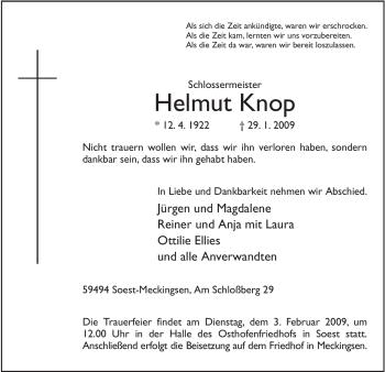 Traueranzeige von Helmut Knop von WESTFÄLISCHER ANZEIGER