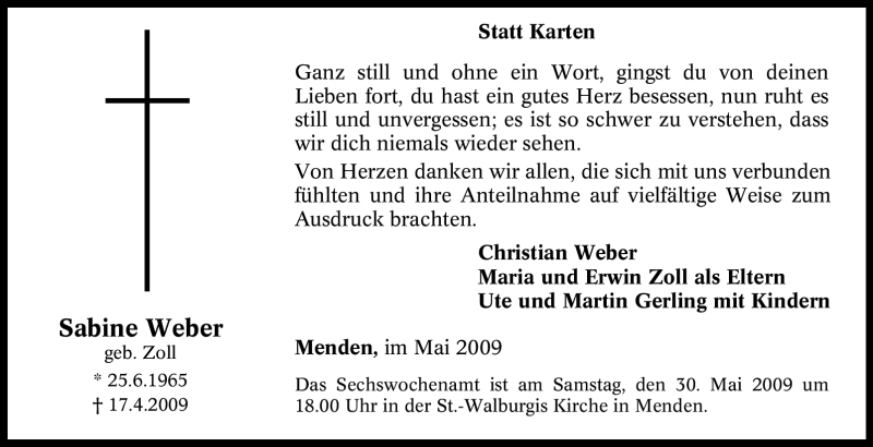  Traueranzeige für Sabine Weber vom 25.05.2009 aus WESTFÄLISCHER ANZEIGER