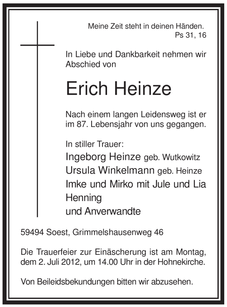  Traueranzeige für Erich Heinz vom 29.06.2012 aus WESTFÄLISCHER ANZEIGER