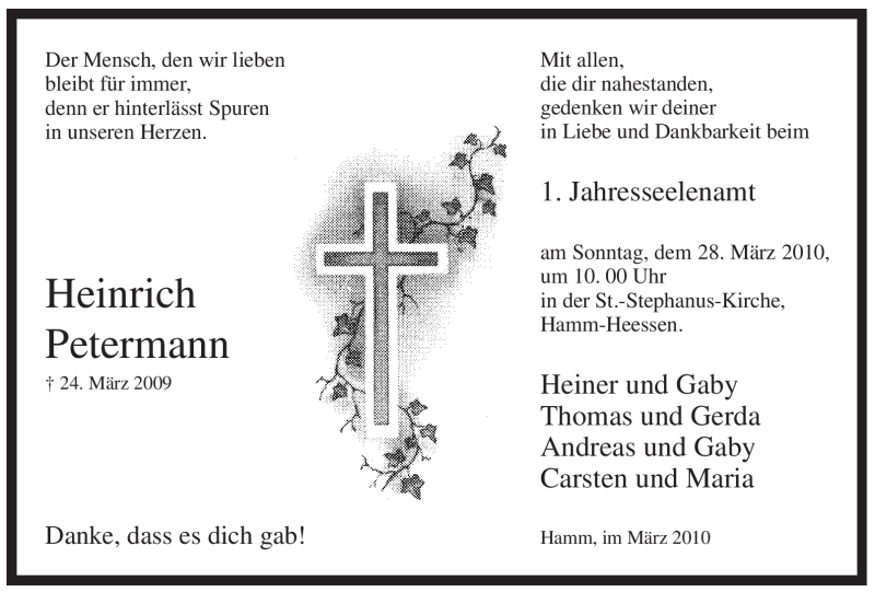  Traueranzeige für Heinrich Petermann vom 24.03.2010 aus WESTFÄLISCHER ANZEIGER