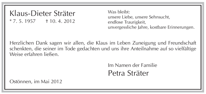  Traueranzeige für Klaus-Dieter Sträter vom 07.05.2012 aus WESTFÄLISCHER ANZEIGER