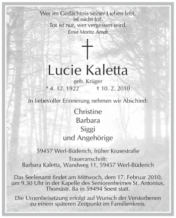Traueranzeige von Lucie Kaletta von WESTFÄLISCHER ANZEIGER