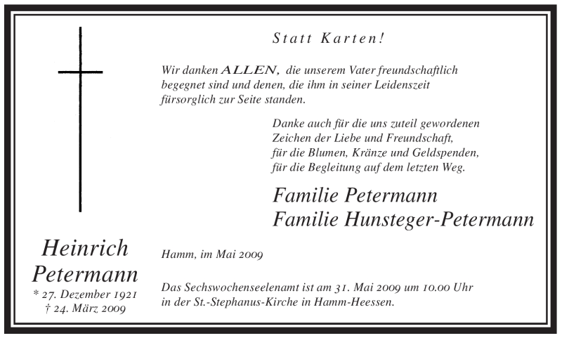  Traueranzeige für Heinrich Petermann vom 29.05.2009 aus WESTFÄLISCHER ANZEIGER
