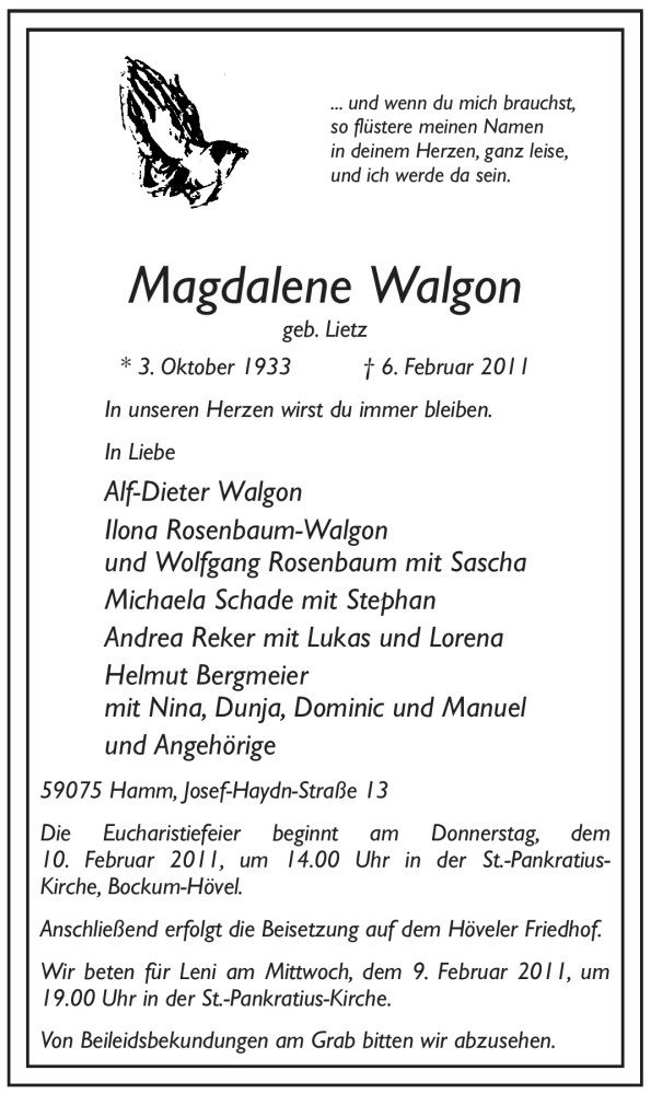  Traueranzeige für Magdalene Walgon vom 08.02.2011 aus WESTFÄLISCHER ANZEIGER