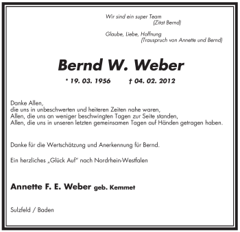 Traueranzeige von Bernd W Weber von WESTFÄLISCHER ANZEIGER