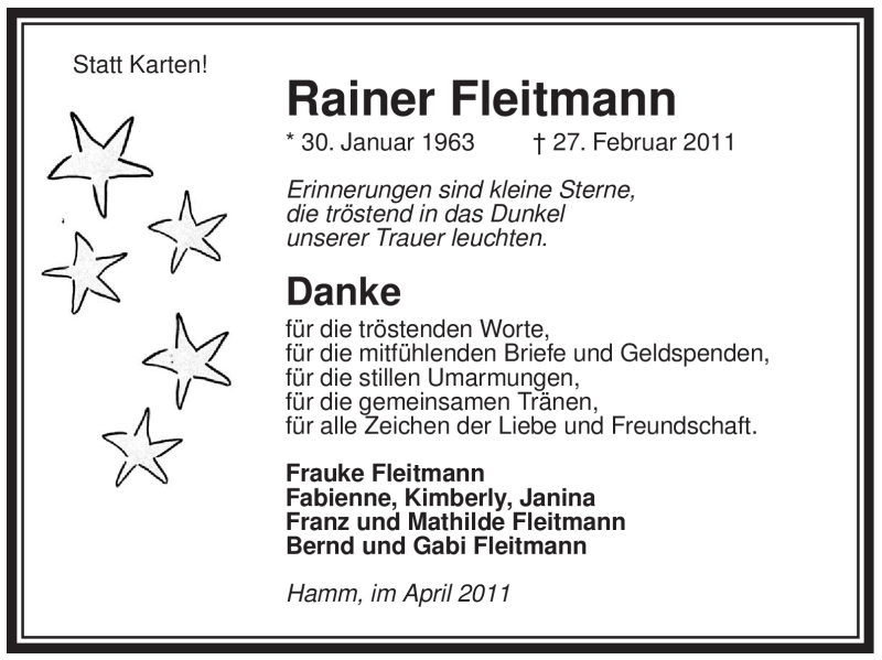  Traueranzeige für Rainer Fleitmann vom 02.04.2011 aus WESTFÄLISCHER ANZEIGER