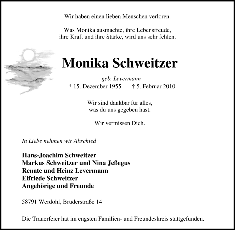  Traueranzeige für Monika Schweitzer vom 12.02.2010 aus WESTFÄLISCHER ANZEIGER