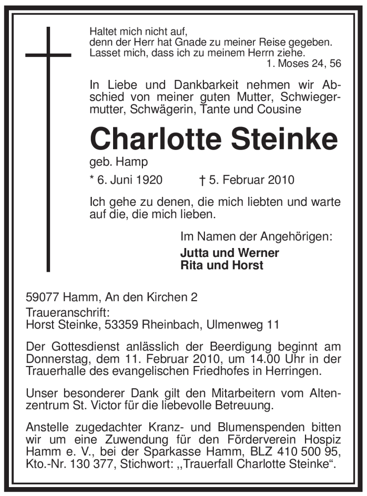  Traueranzeige für Charlotte Steinke vom 08.02.2010 aus WESTFÄLISCHER ANZEIGER
