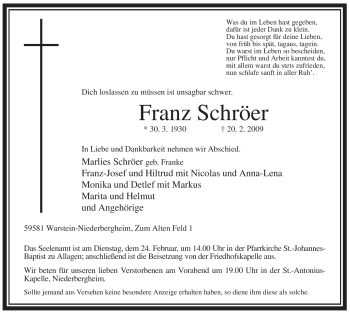 Traueranzeige von Franz Schröer von WESTFÄLISCHER ANZEIGER