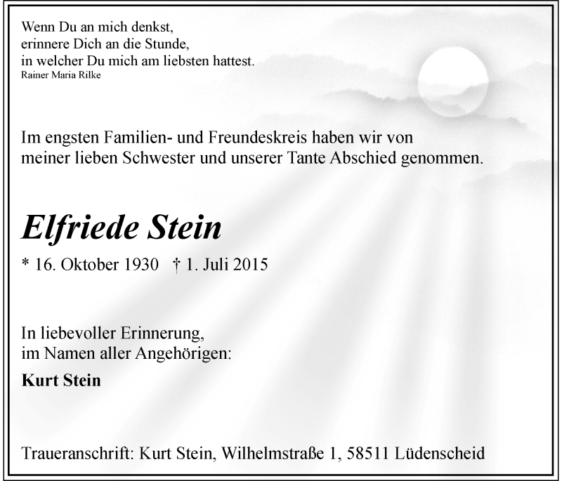  Traueranzeige für Elfriede Stein vom 14.07.2015 aus MZV