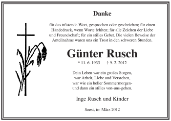 Traueranzeige von Günter Rusch von WESTFÄLISCHER ANZEIGER