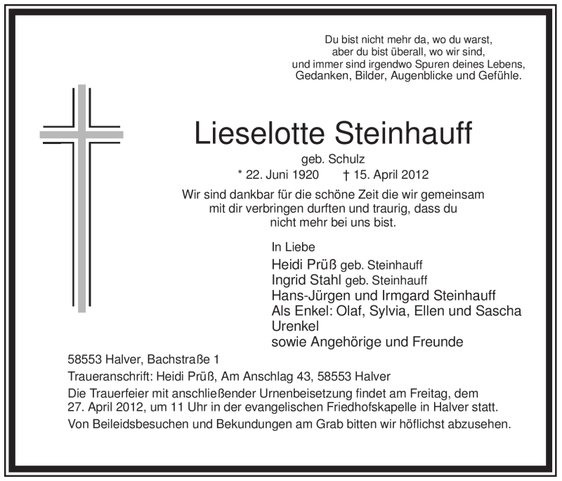  Traueranzeige für Lieselotte Steinhauff vom 24.04.2012 aus WESTFÄLISCHER ANZEIGER