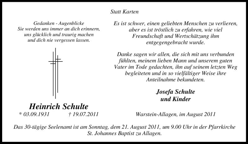  Traueranzeige für Heinrich Schulte vom 13.08.2011 aus WESTFÄLISCHER ANZEIGER