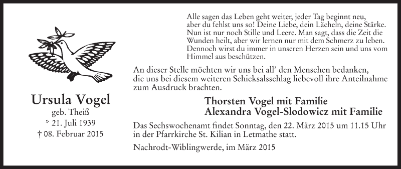  Traueranzeige für Ursula Vogel vom 20.03.2015 aus MZV