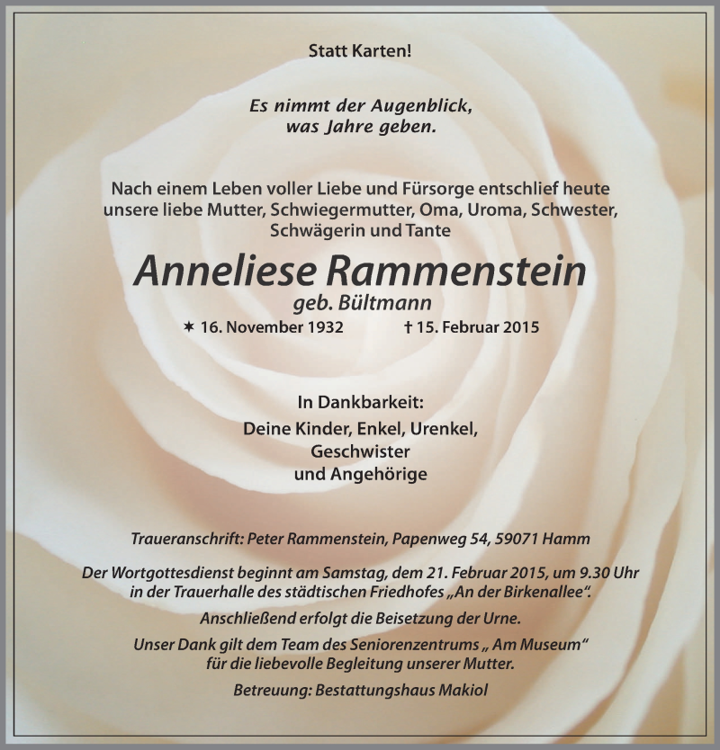  Traueranzeige für Anneliese Rammenstein vom 18.02.2015 aus MZV