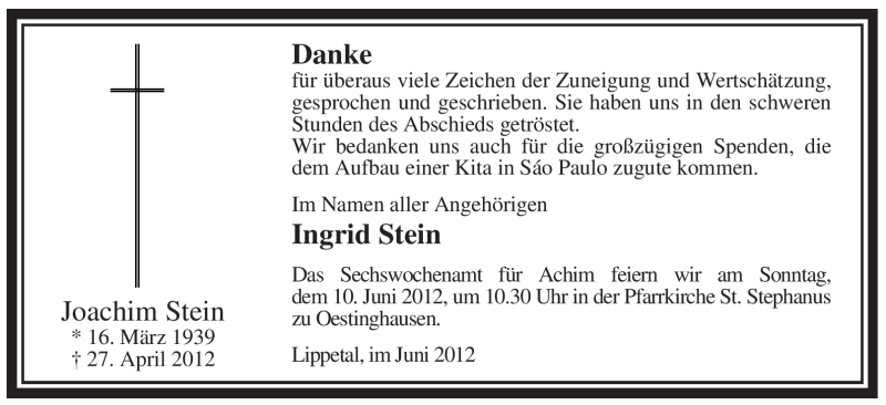  Traueranzeige für Joachim Stein vom 02.06.2012 aus WESTFÄLISCHER ANZEIGER