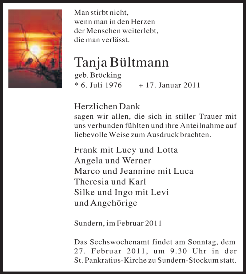  Traueranzeige für Tanja Bültmann vom 19.02.2011 aus WESTFÄLISCHER ANZEIGER