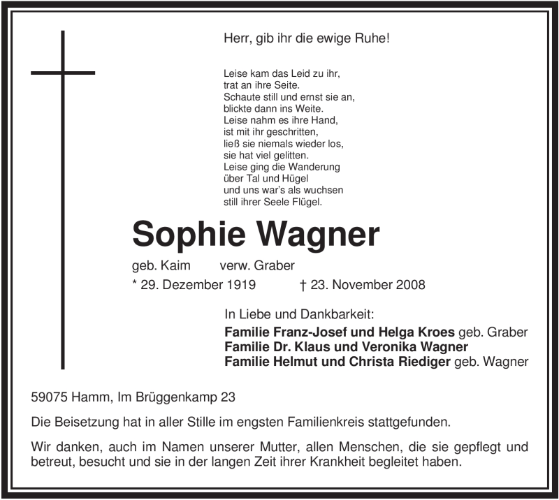  Traueranzeige für Sophie Wagner vom 29.11.2008 aus WESTFÄLISCHER ANZEIGER