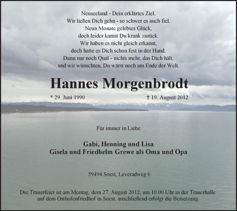  Traueranzeige für Hannes Morgenbrodt vom 22.08.2012 aus WESTFÄLISCHER ANZEIGER