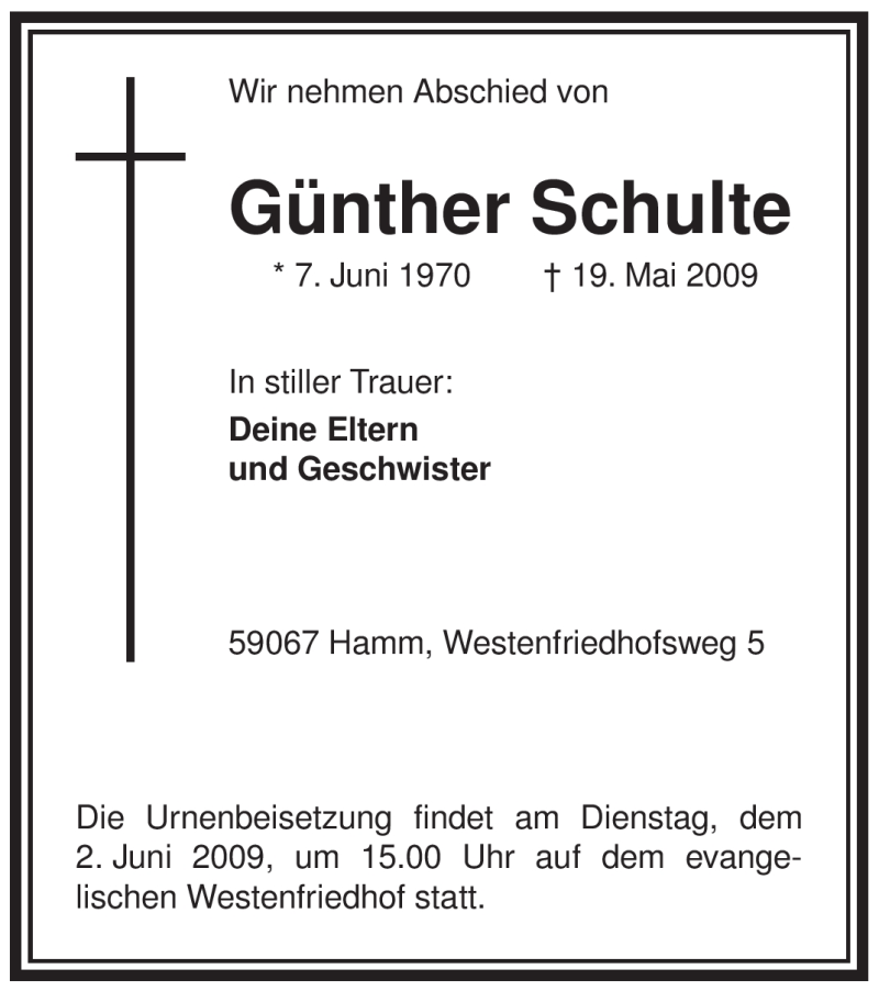  Traueranzeige für Günther Schulte vom 30.05.2009 aus WESTFÄLISCHER ANZEIGER