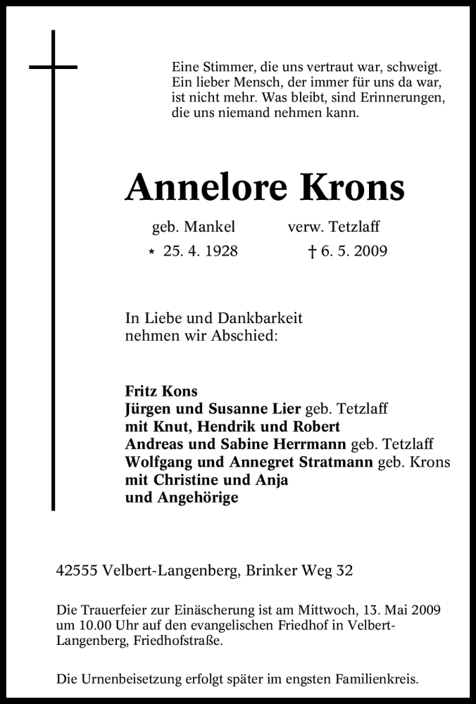  Traueranzeige für Annelore Krons vom 09.05.2009 aus WESTFÄLISCHER ANZEIGER