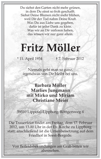 Traueranzeige von Fritz Möller von WESTFÄLISCHER ANZEIGER