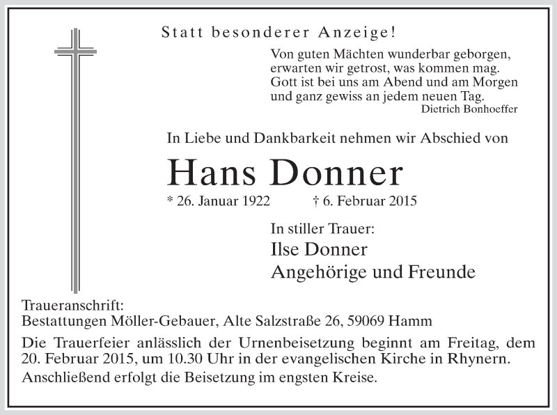  Traueranzeige für Hans Donner vom 14.02.2015 aus MZV