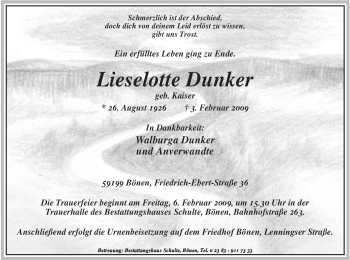 Traueranzeige von Lieselotte Dunker von WESTFÄLISCHER ANZEIGER