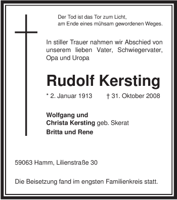 Traueranzeige von Rudolf Kersting von WESTFÄLISCHER ANZEIGER