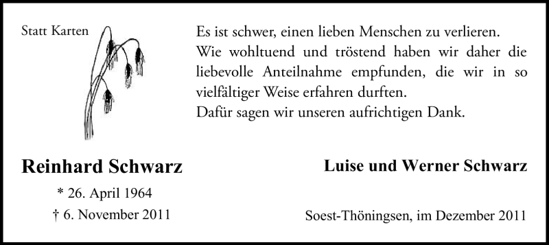  Traueranzeige für Reinhard Schwarz vom 10.12.2011 aus WESTFÄLISCHER ANZEIGER