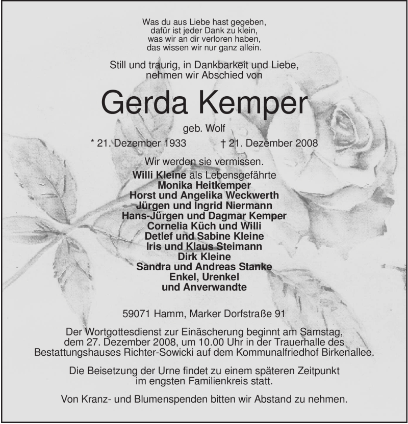  Traueranzeige für Gerda Kemper vom 23.12.2008 aus WESTFÄLISCHER ANZEIGER