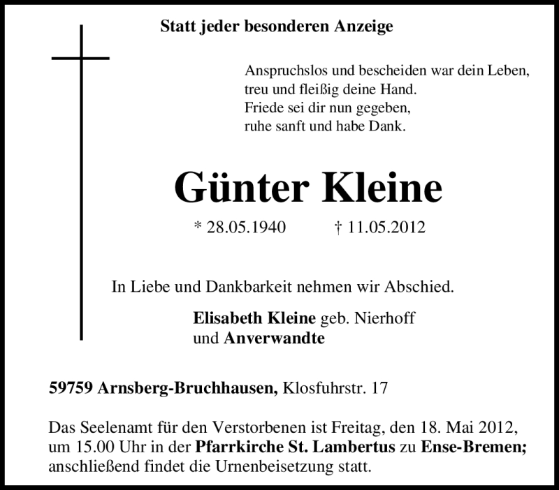  Traueranzeige für Günter Kleine vom 15.05.2012 aus WESTFÄLISCHER ANZEIGER