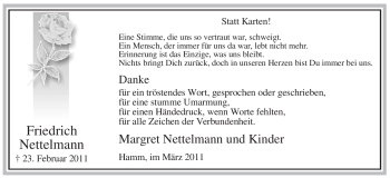 Traueranzeige von Friedrich Nettelmann von WESTFÄLISCHER ANZEIGER