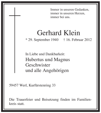 Traueranzeige von Gerhard Klein von WESTFÄLISCHER ANZEIGER