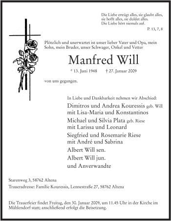 Traueranzeige von Manfred Will von WESTFÄLISCHER ANZEIGER