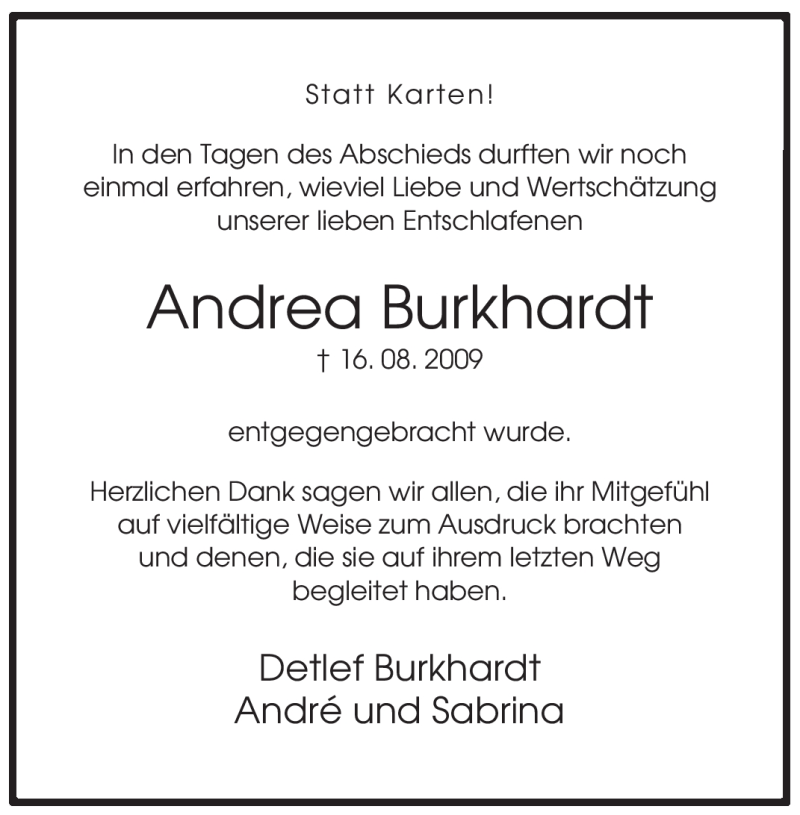  Traueranzeige für Andrea Burkhardt vom 05.09.2009 aus WESTFÄLISCHER ANZEIGER