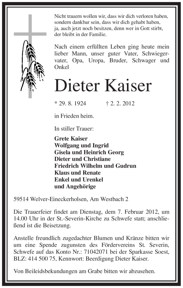  Traueranzeige für Dieter Kaiser vom 04.02.2012 aus WESTFÄLISCHER ANZEIGER