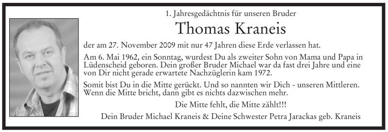  Traueranzeige für Thomas Kraneis vom 27.11.2010 aus WESTFÄLISCHER ANZEIGER