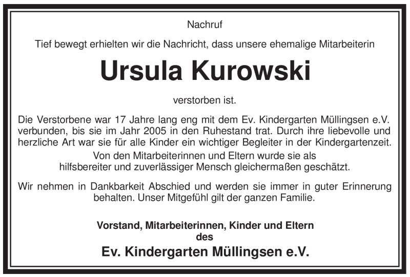  Traueranzeige für Ursula Kurowski vom 21.02.2009 aus WESTFÄLISCHER ANZEIGER